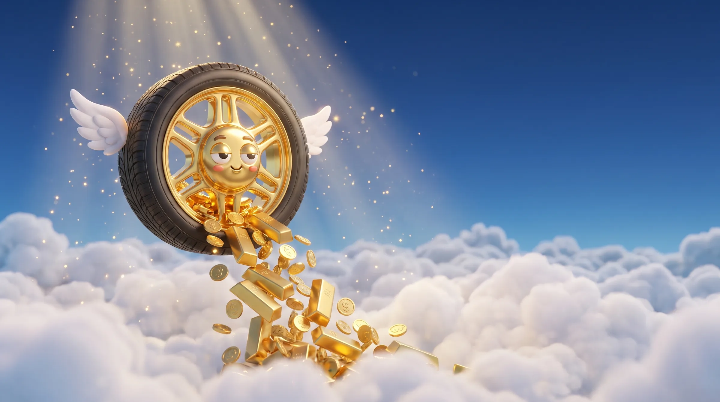 A winged gold wheel pouring gold bars into the clouds