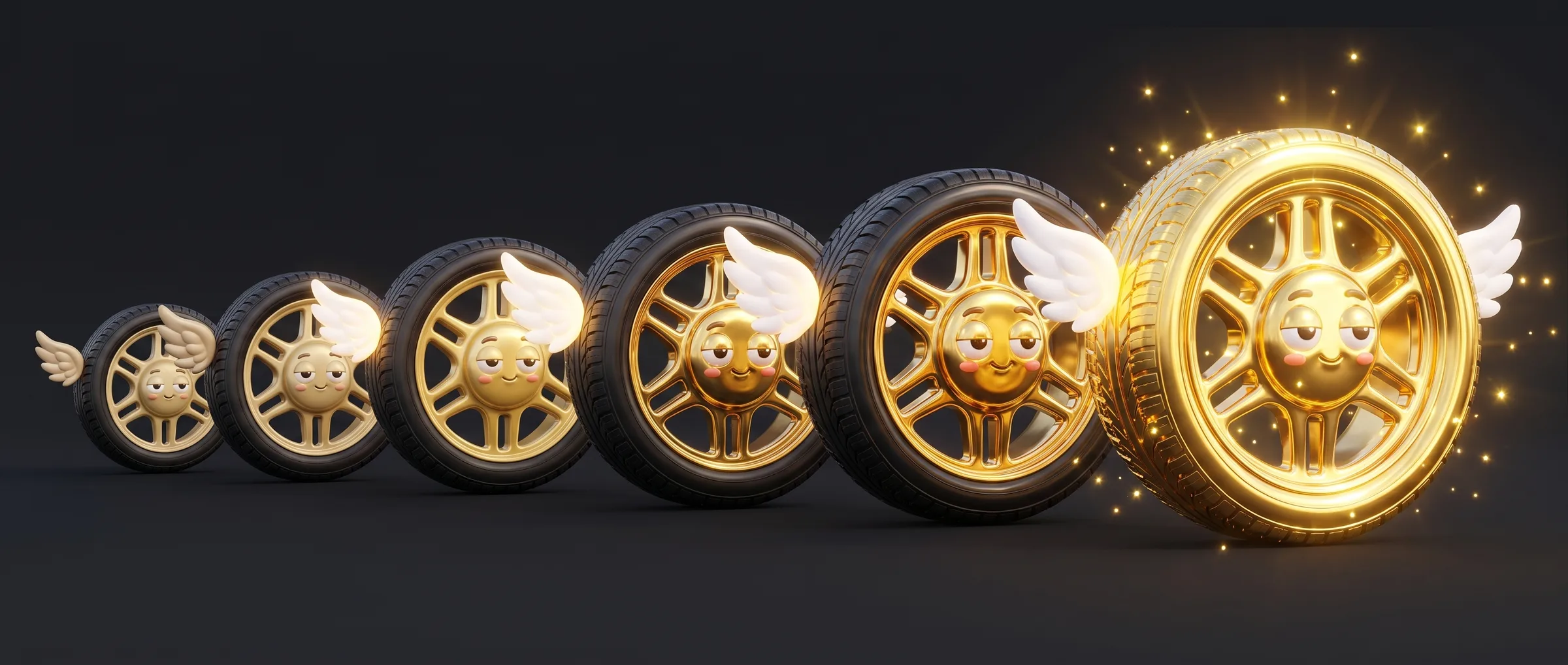 Seven wheels growing brighter and purer from left to right